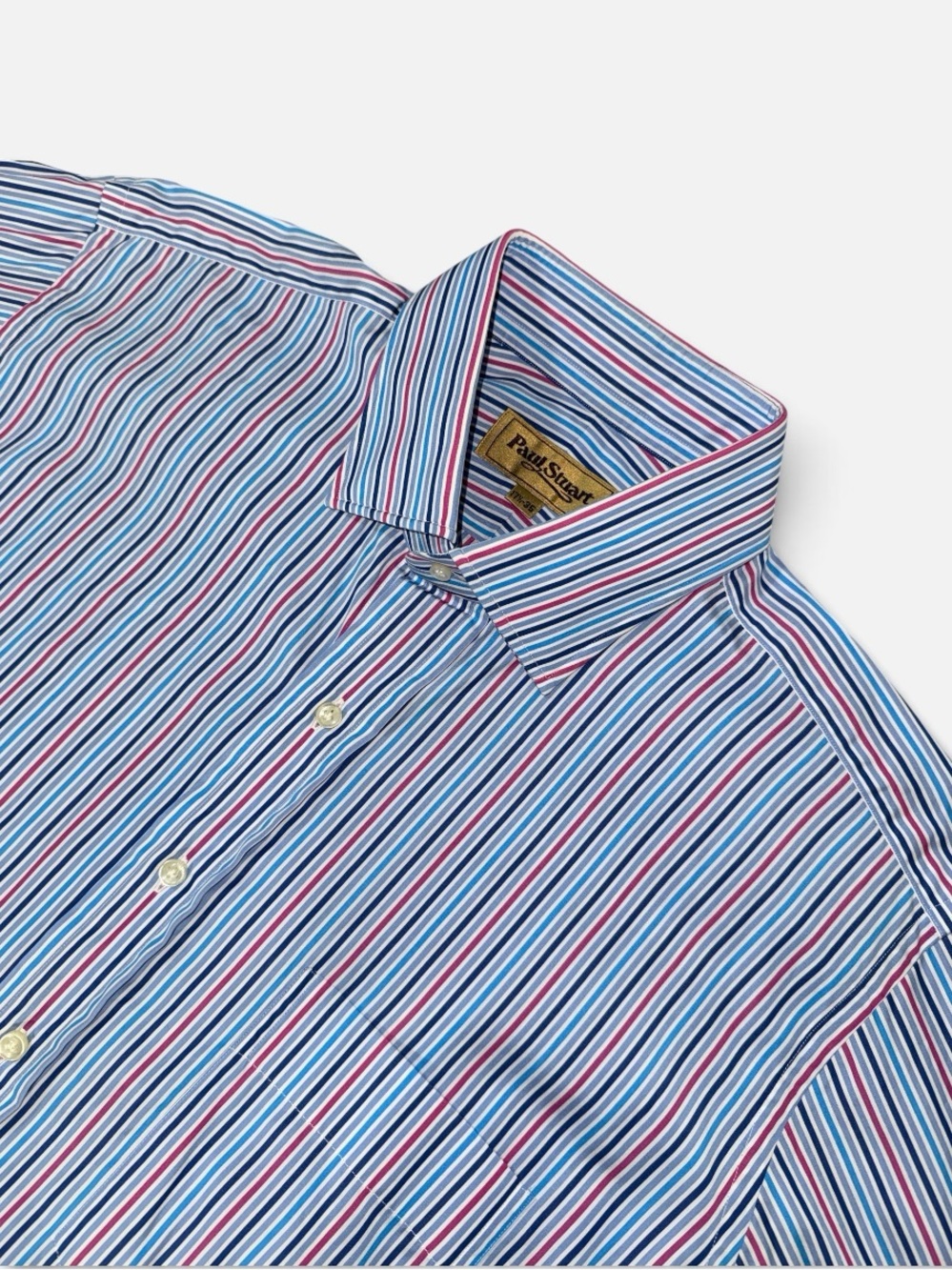 Paul Stuart mens 17.5 35 blue pink stripe cotton dress shirt EUC